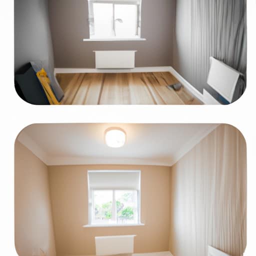 1. תמונה המציגה חדר קטן לפני ואחרי יישום עיצוב חכם.